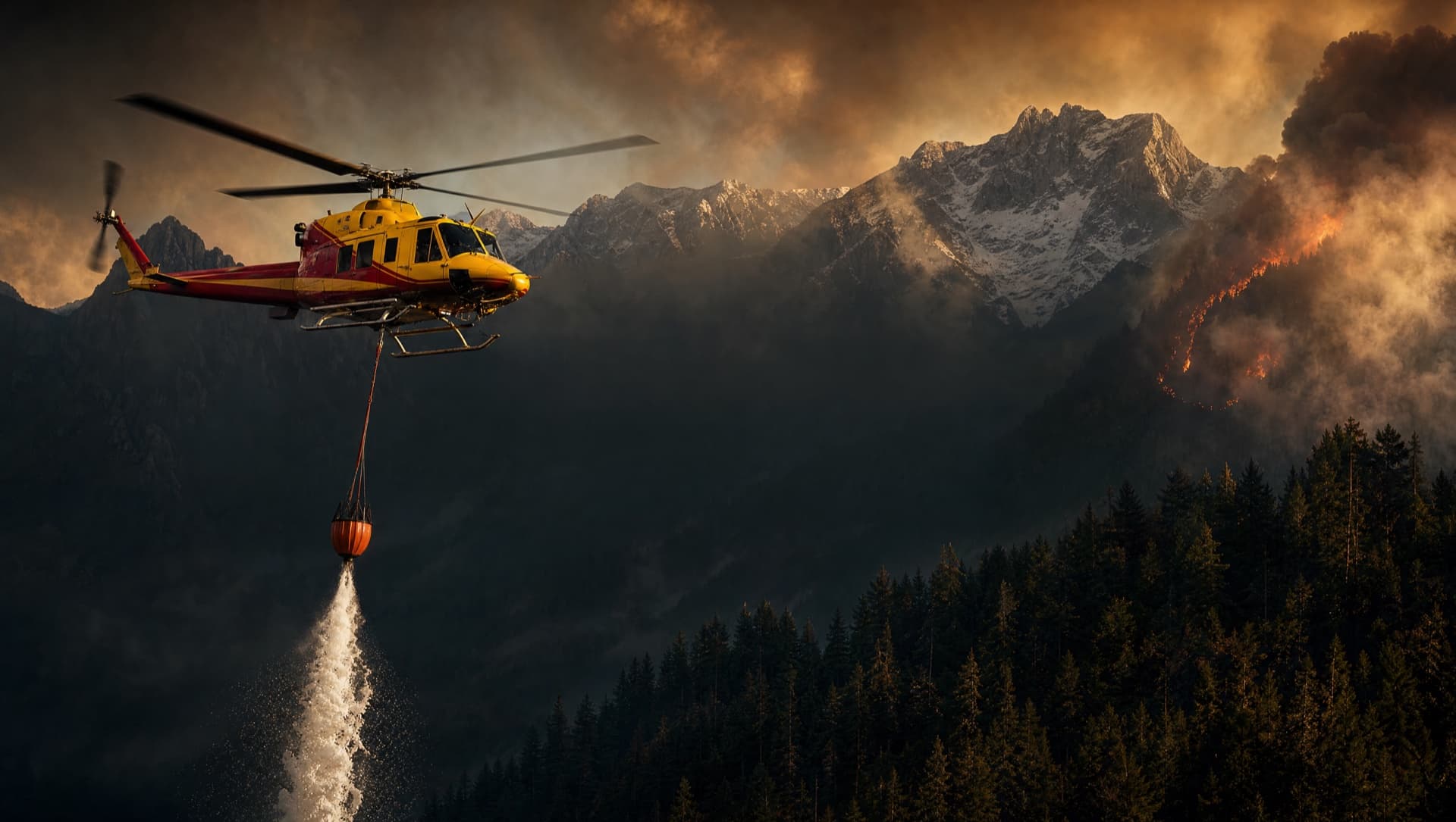 Bell 212 with Bambi Bucket fighting a Canadian mountain wildfire