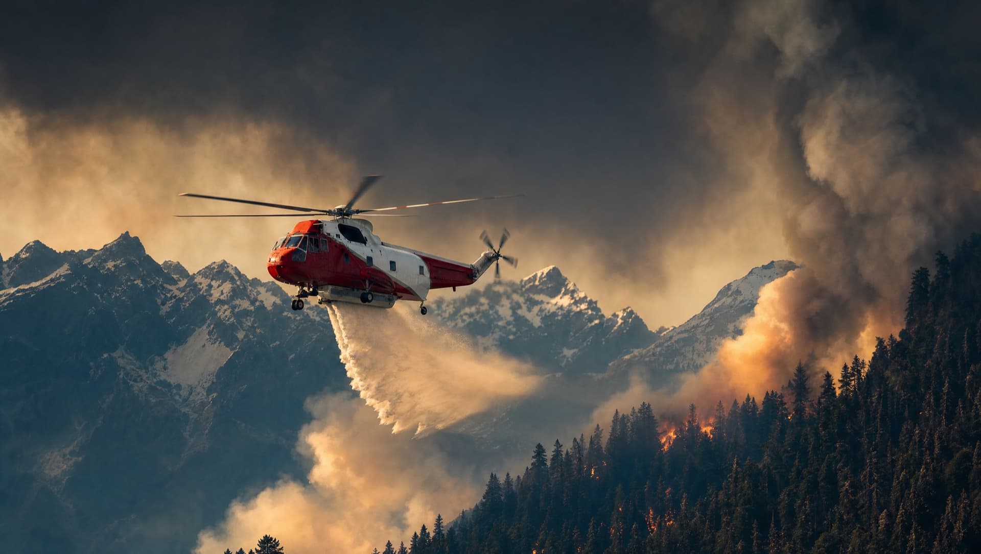 Sikorsky S61 heavy water tanker dropping over a smoking ridgeline